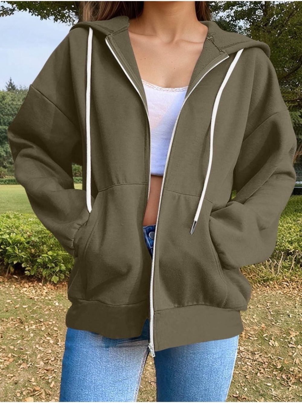 Amazon Olive Zip-Up Hoodie with White Drawstrings